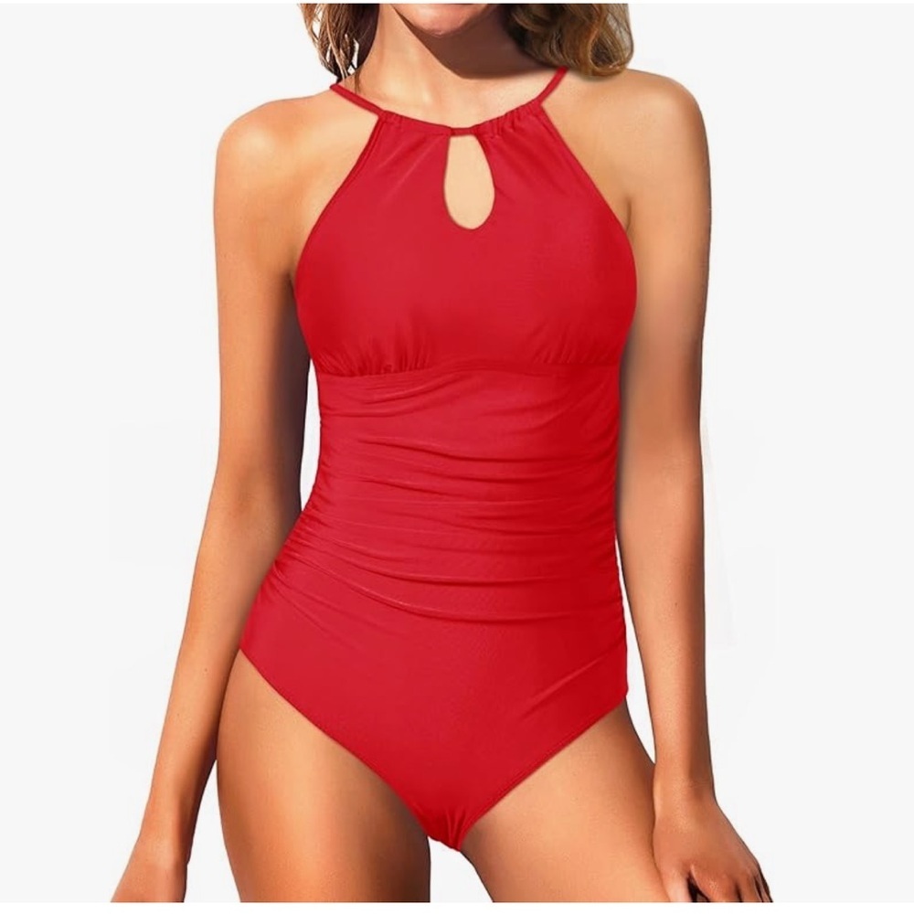 NWT Holipick Women One Piece Swimsuit Tummy Control High Neck Halter in red
